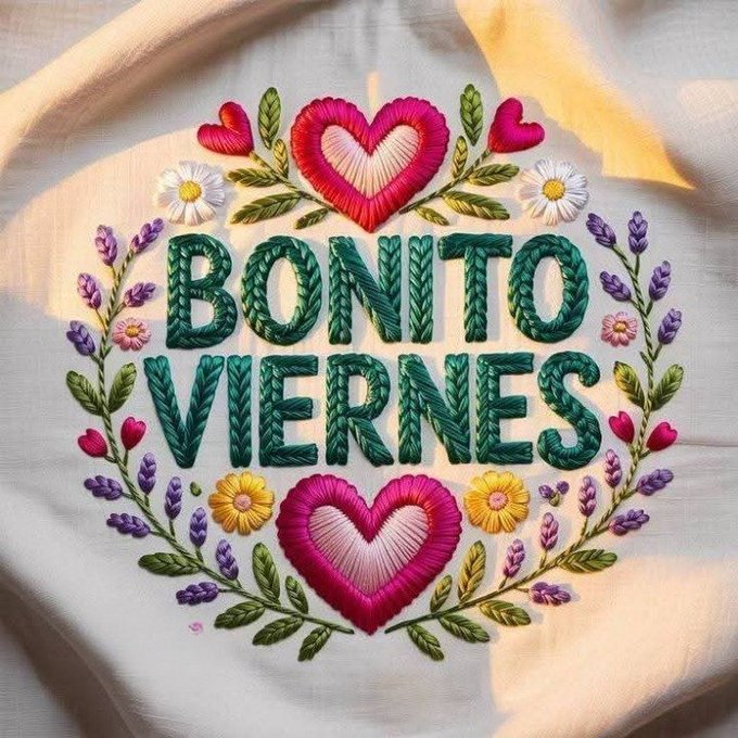 Embroidered fabric displays the text Bonito Viernes in green letters with pink outlines, surrounded by multicolored embroidered flowers including white daisies, purple lavender, yellow blooms, green leaves, and multiple pink hearts in various sizes and styles integrated into the floral border on a light background.