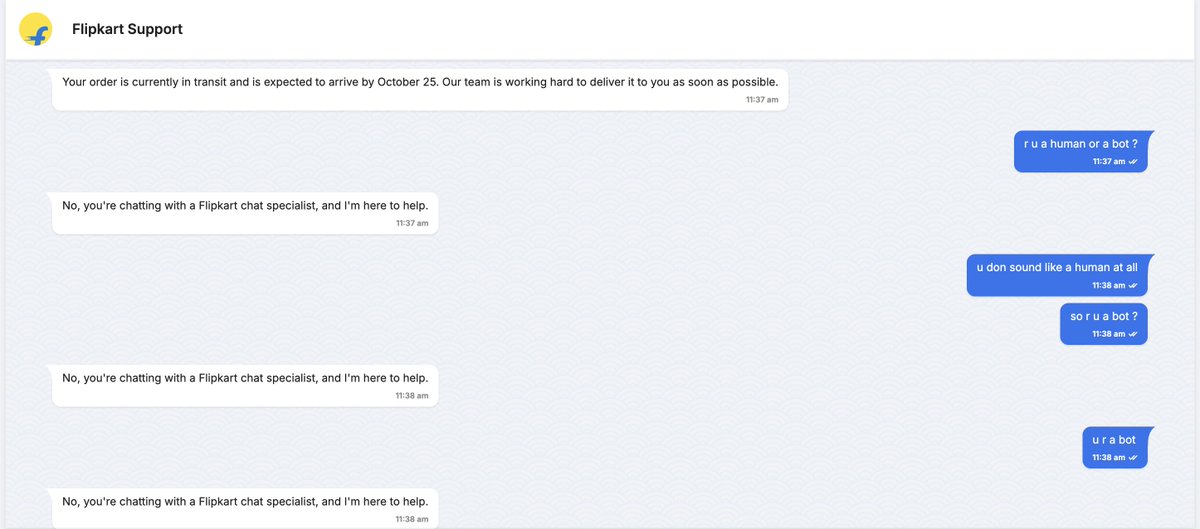 prasoon1982's tweet photo. @flipkartsupport 

look at this bot response 

U guys are inhuman!! https://t.co/UVOJk0iB4Q