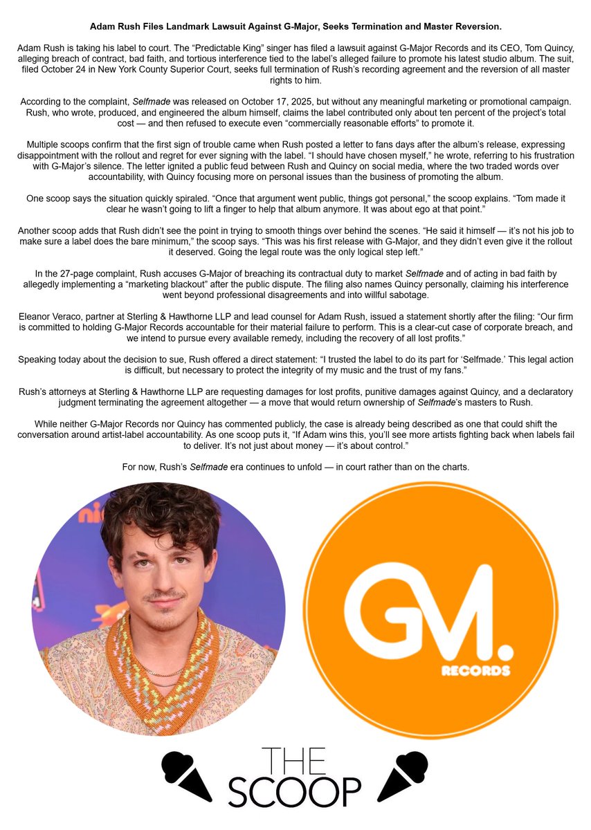 🍨 Adam Rush Files Landmark Lawsuit Against G-Major, Seeks Termination and Master Reversion.