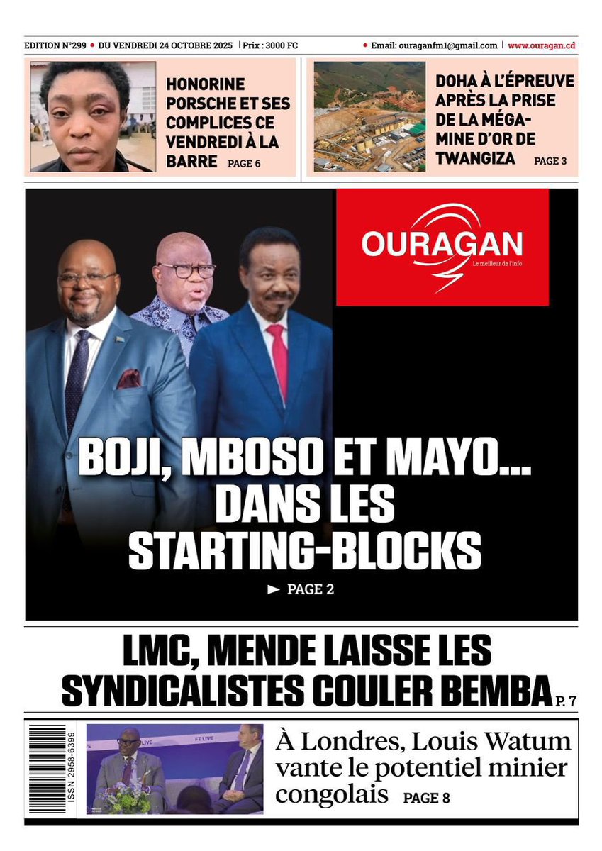 #RDC : Voici la "UNE" du journal Ouragan du vendredi 24 octobre 2025