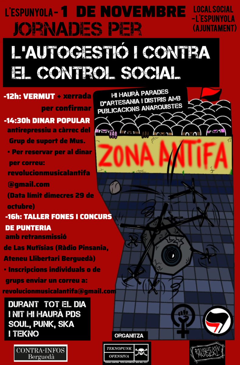 ContrainfosBgd's tweet image. Jornades per l&apos;Autogestió i contra el Control Social
Dissabte 1 de Novembre a L&apos;Espunyola