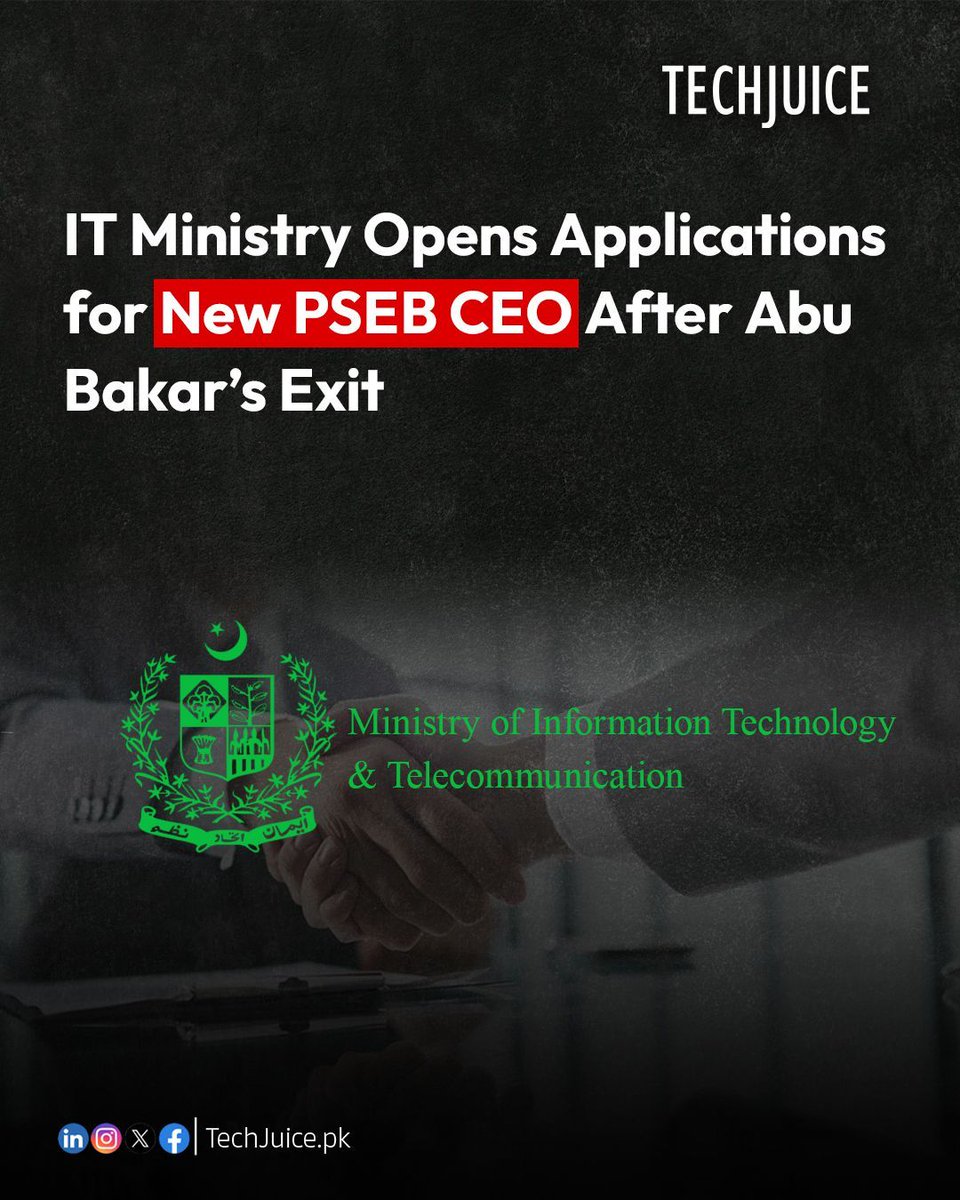 TechJuicePk's tweet image. IT Ministry Begins Search for New PSEB CEO After Abu Bakar’s Resignation.
The Ministry of Information Technology and Telecommunication (MoITT) has initiated a formal process to appoint a new CEO for the Pakistan Software Export Board (PSEB).

#TechJuice #PSEB #MOITT #Pakistan