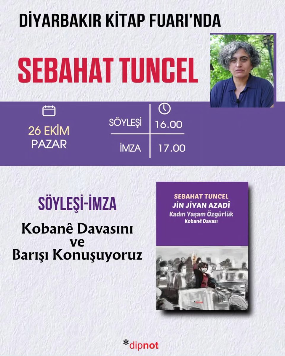 Dipnot Yayınları (@dipnoty) on Twitter photo 📢 DİYARBAKIR'DA SÖYLEŞİ VE İMZA 
Okurlarımızı standımıza bekliyoruz.
<a href="/Sebahat__Tuncel/">Sebahat Tuncel</a> 📢 DİYARBAKIR'DA SÖYLEŞİ VE İMZA 
Okurlarımızı standımıza bekliyoruz.
<a href="/Sebahat__Tuncel/">Sebahat Tuncel</a>