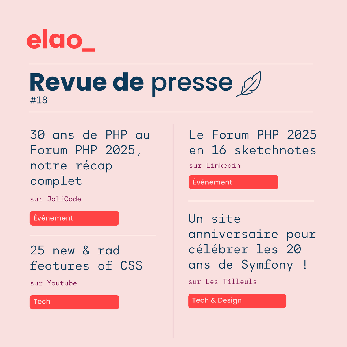 Elao's tweet image. 📃 Vendredi revue de presse — 🎂 L'édition des anniversaires
Cette semaine, la communauté PHP brille entre partage, créativité et inspiration : récap du Forum PHP, sketchnotes artistiques, nouvelles features CSS révolutionnaires et une belle vitrine pour les 20 ans de Symfony ❤️