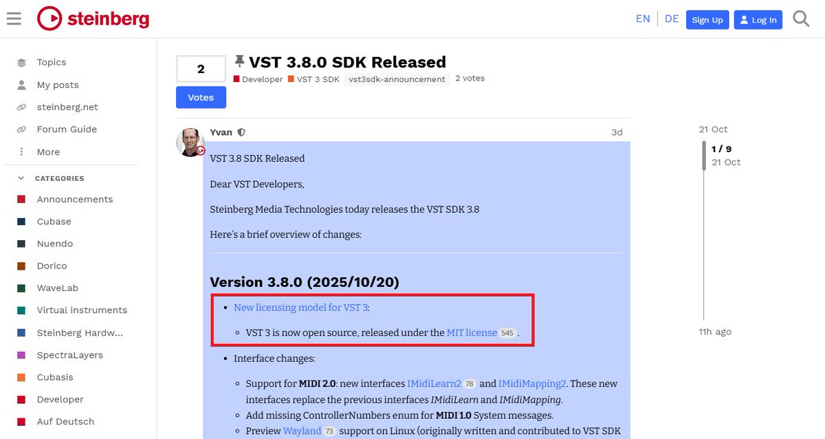 NicolasFournel's tweet image. VST 3 is now open source, released under the MIT license.
forums.steinberg.net/t/vst-3-8-0-sd…

#vst3 #vstplugins #musictech