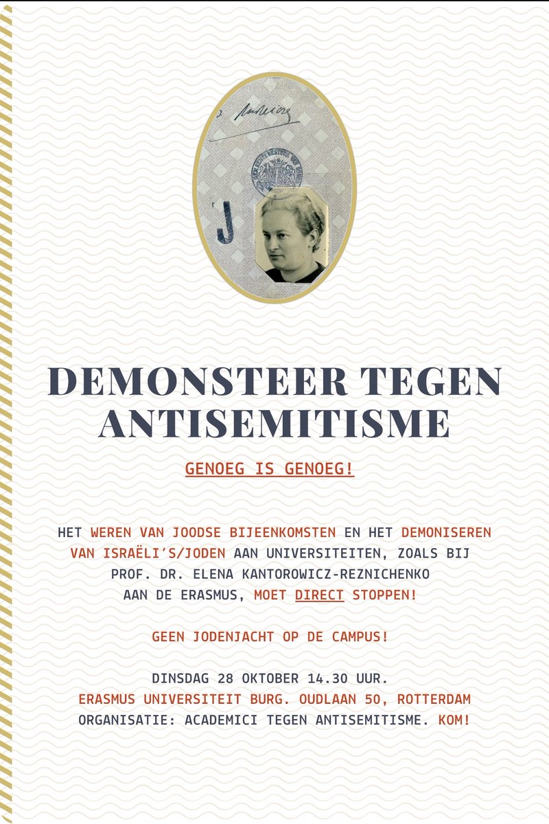 Protesteer TEGEN #ANTISEMITISME op 28/10 om 14.30 bij de Erasmus Universiteit, Burg. Oudlaan 50 R’dam. Het demoniseren van Joden/Israeli’s moet stoppen. 
6 Moslimorganisaties eisen het ontslag v prof. #Kantorowicz vd @Erasmusuni en willen tegen haar demonstreren. Ze wordt “zio