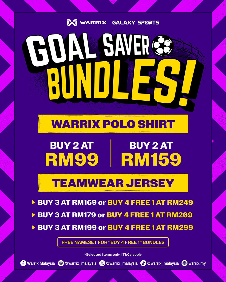 warrix_malaysia's tweet photo. GOAL SAVER BUNDLES ⚽
Smart. Simple. Stylish.
Your everyday look just got better with GOAL SAVER BUNDLES.
Shop now at:
📍Warrix Concept Store Rahang, Central i-City Shah Alam & Kota Bharu
📅 Valid until 17 November 2025.
#Warrix #EveryMoveMatters #GalaxySports https://t.co/eaUQGstCrt