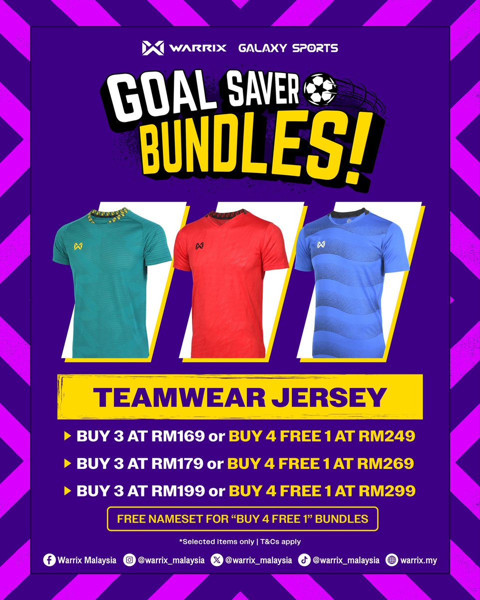 warrix_malaysia's tweet photo. GOAL SAVER BUNDLES ⚽
Smart. Simple. Stylish.
Your everyday look just got better with GOAL SAVER BUNDLES.
Shop now at:
📍Warrix Concept Store Rahang, Central i-City Shah Alam & Kota Bharu
📅 Valid until 17 November 2025.
#Warrix #EveryMoveMatters #GalaxySports https://t.co/eaUQGstCrt