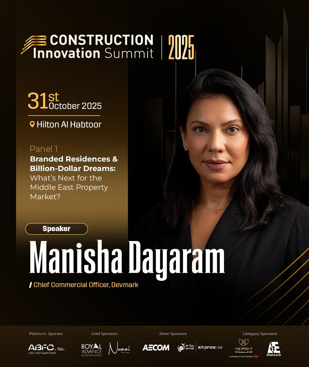 Construction Business News ME (@cbn_me) on Twitter photo We’re thrilled to announce Manisha Dayaram, Chief Commercial Officer, Devmark, as a speaker on Panel 1 at the Construction Innovation Summit 2025.
Click here for more information: cbnme.com/construction-i…
#Devmark #Panel1 #Speaker We’re thrilled to announce Manisha Dayaram, Chief Commercial Officer, Devmark, as a speaker on Panel 1 at the Construction Innovation Summit 2025.
Click here for more information: cbnme.com/construction-i…
#Devmark #Panel1 #Speaker