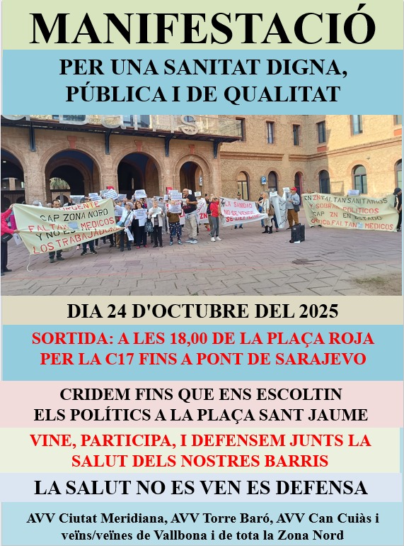 Avui a les 18 hores de ben segur que s'omplira la Pl. Roja amb la gent de <a href="/avvcmeridiana/">AVV de Ciutat Meridiana</a> <a href="/SAPMuntanya/">CE SAP Muntanya</a> <a href="/MareaBlancaCAT/">Marea Blanca CAT</a> <a href="/avvtorrebaro9b/">AVV TORRE BARÓ</a> ...expressio de la indignació colectiva  per la situacio del nostre servei nacional de Salut i la situacio concreta als nostres barris