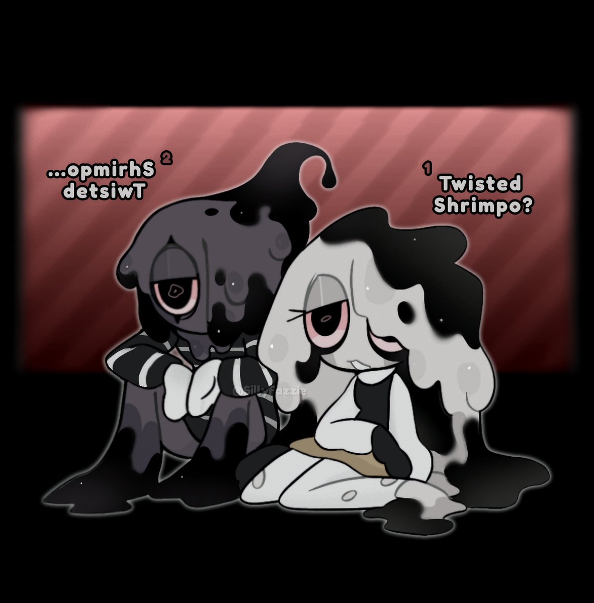 Idk why twisted shrimpo has got the be the most twisted that gets me hit like dude, he's literally one of the slowest😔😔
#dandys #dandysworld 
Anyways here's a lil drawing of Golly and Blott beginning to turn into twisteds🖤🤍