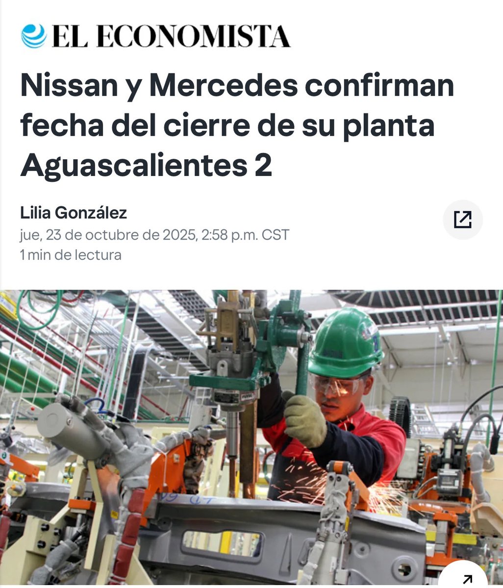 AlanAdameMX's tweet image. 🔴|| Aquí tienen los “logros” de @Claudiashein:
👉🏼Lo logró destruyendo el #PoderJudicial
👉🏼Persiguiendo fiscalmente a empresas
👉🏼Con la sobrerrepresentación en el Congreso y su autoritarismo
⚠️Cierran Nissan y Mercedes Benz sus plantas en Morelos y Aguascalientes.