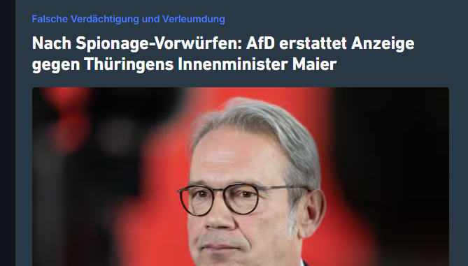 Die #AfD Thüringen stellt Strafanzeige und Strafantrag gegen Innenminister Maier wegen falscher Verdächtigung, Verleumdung und Nötigung von Verfassungsorganen.👍
Das Handelsblatt wurde abgemahnt wegen der Berichterstattung.👍