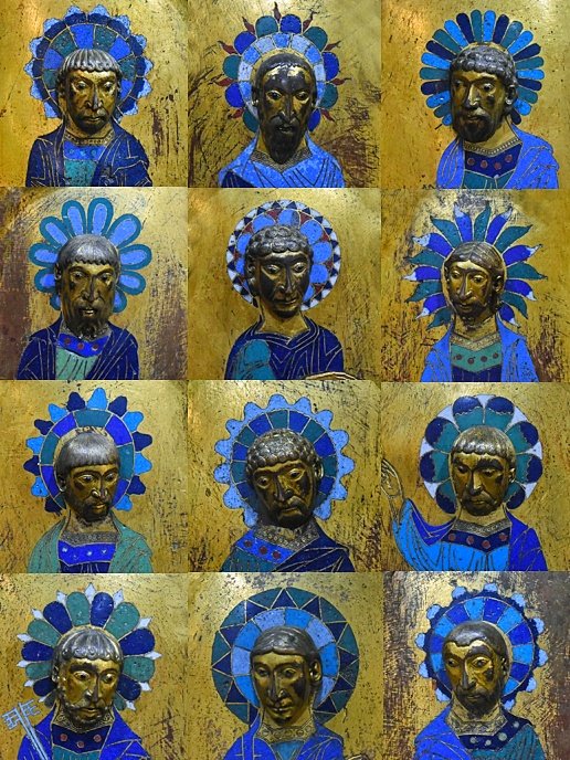 Los Doce Apóstoles, individualizados y todos con sus nimbos distintos, en la preciosa Urna de Santo Domingo de Silos; obra de en torno a 1165-1170 creada en el taller de esmaltes que existió en el propio cenobio silense y actualmente expuesto en el <a href="/museodeburgos/">Museo de Burgos</a>.