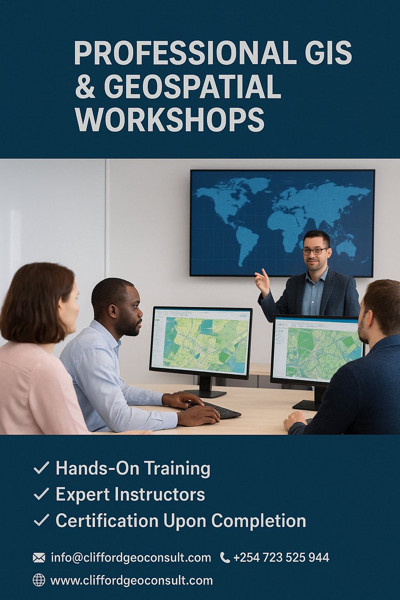 CliffordGeoCons's tweet image. Our tailored GIS & Geospatial workshops equip professionals and organizations with the skills to manage spatial data, analyze trends, and make smarter, data-driven decisions.
#CliffordGeoConsult #GISTraining #ProfessionalDevelopment #GeospatialCapacity #DataScienceWithGIS