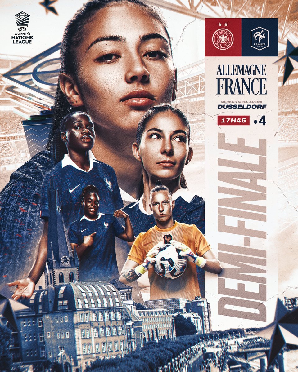 𝗗𝗲𝗺𝗶-𝗳𝗶𝗻𝗮𝗹𝗲, 𝗮𝗰𝘁𝗲 𝟭 🇩🇪🇫🇷 
Jour de match pour nos Bleues à Düsseldorf🔥 

Coup d'envoi à 17h45 ⌚️ 
À suivre sur France 4 📺 

#ALLFRA l #FiersdetreBleues