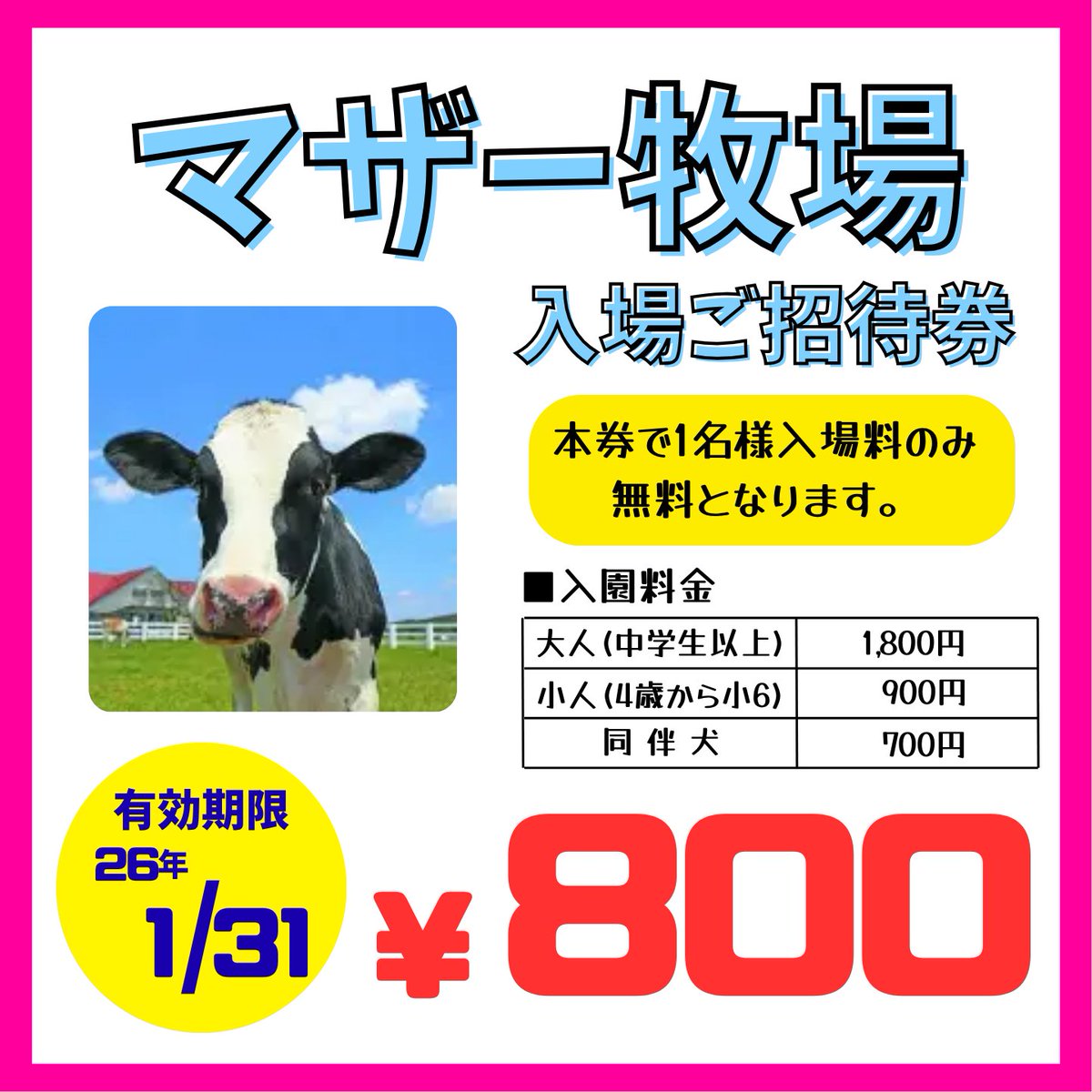 ヤエチカ店】 #マザー牧場 入場券 1枚800円でご案内中🐄 こちら1枚で1