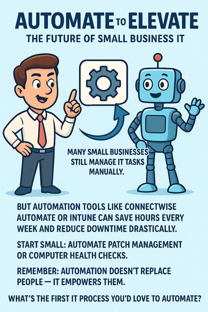 VaultEdgeITMSP's tweet image. 🚀 Why IT Automation Is the Future for Small Businesses
#ITAutomation #SmallBusinessIT #MSP #ConnectWiseAutomate #Intune #TechInnovation #DigitalTransformation #BusinessGrowth #ITSupport #Productivity #AutomationTools #FutureOfWork