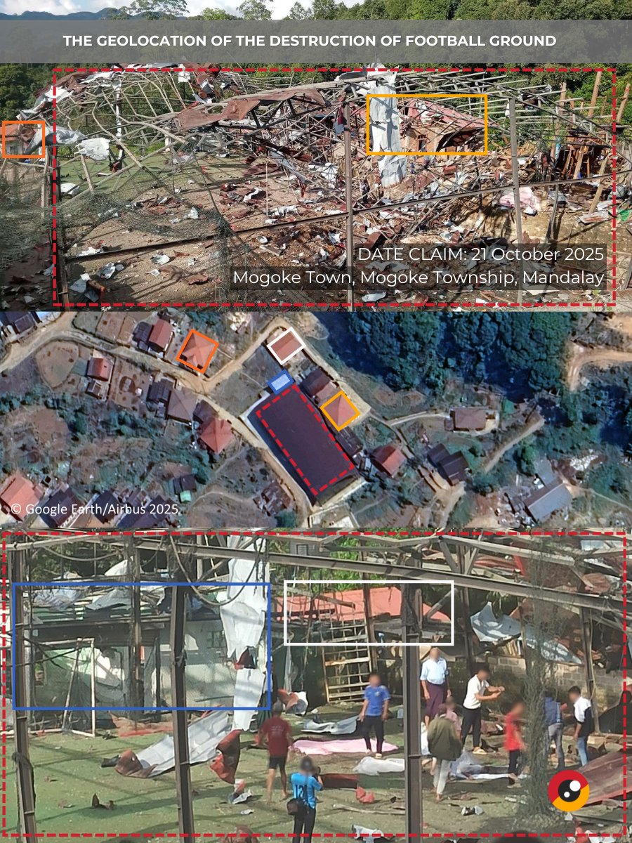 🚨 Reported casualties in Mogoke Town
☑️ Mogoke, Mandalay
21 October 2025

It is reported that on 21 October, around 15:00 local time, a Myanmar Air Force (MAF) fighter jet allegedly dropped a bomb onto a futsal ground on Mogoke Town, Mogoke Township, Mandalay Region.

According
