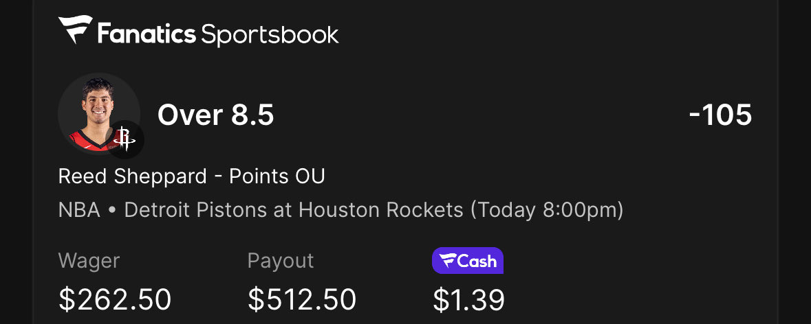 🚨KIRK’S 10/24 POTD🚨

-Can we make it 8 straight!?

Reed Sheppard o8.5 pts -105 (2.6u)

(Would have played this 3u but it capped the amount on my bet)

#potd #NBA