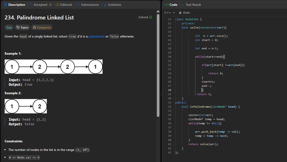 MartianDev01's tweet image. Day:  50/100      
       
&amp;gt;linked list:  Palindrome Linked List
#100DaysOfCode #DSA #CodingChallenge 

#letsconnect #LearnInPublic #ProblemSolving #100daysofcoding #CodingJourney #LeetCode #CONNECT
