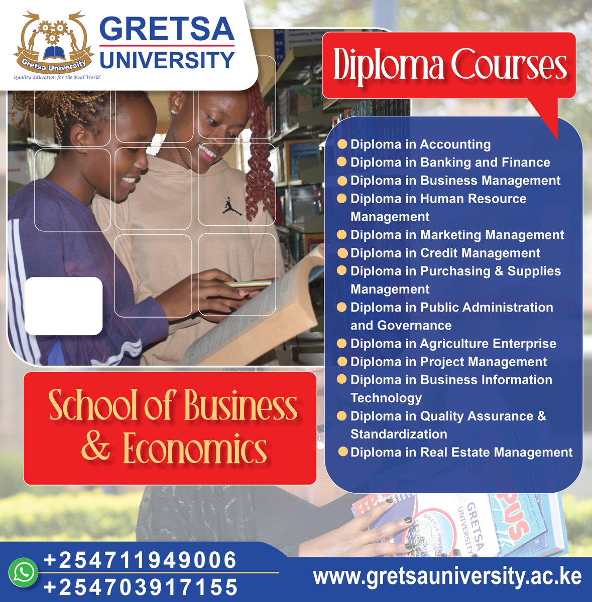gretsa_u's tweet photo. In our School of Business, We offer a large variety of programmes which equip our students with skills &amp; practical knowledge which prepares them for real-world experiences, helping them excel in the current competitive job market. Apply Now https://t.co/X1btxgRK64 https://t.co/uI1JpSspjS