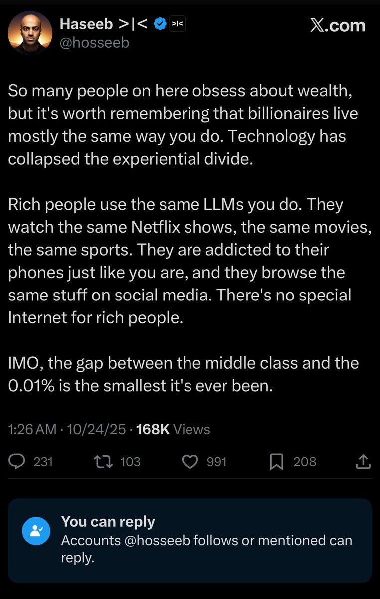 Haseeb once bet $750k against someone being able to run 70 miles on a treadmill in 24 hours.  Didn’t have $750k to lose but thought it was a lock. Ended up losing and had to borrow money from a friend who he paid back in “life coaching”

True story