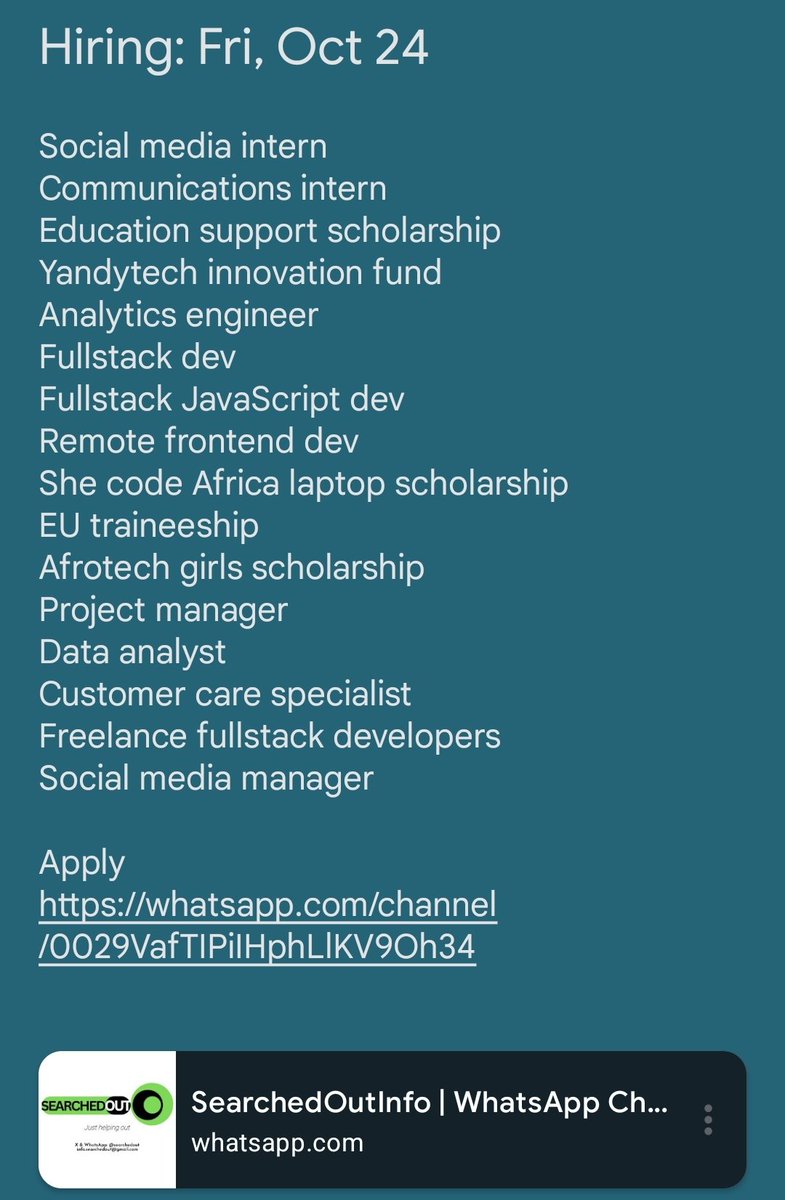 ltblatwloyinade's tweet image. #TGIF Friday job alert is here
👇👇

Social media #INTERN
#Communications intern
Education support #Scholarship
Yandytech innovation fund
Analytics engineer
#FullStackDeveloper 
Fullstack JavaScript dev

Apply 
whatsapp.com/channel/0029Va…