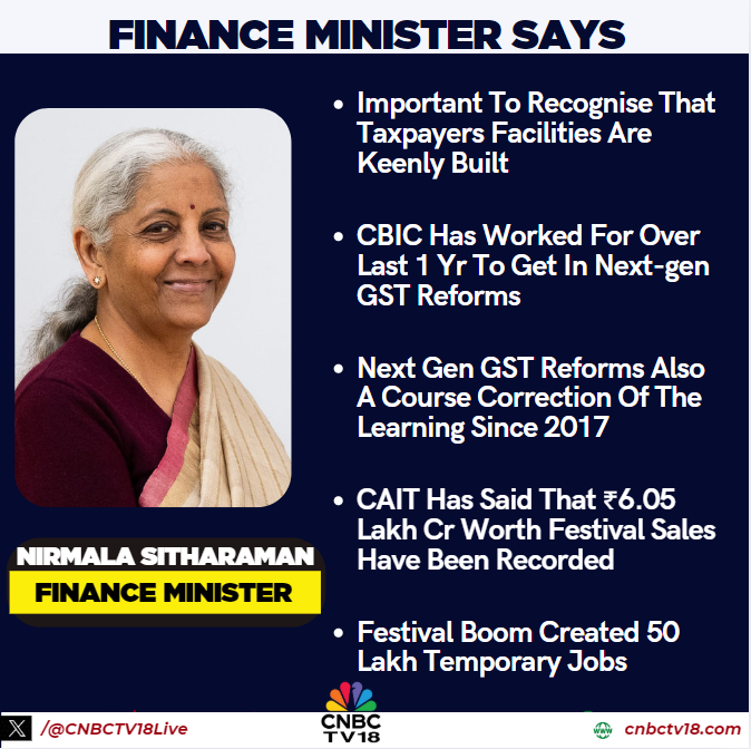 CNBCTV18Live's tweet image. #GSTReforms | While speaking at the inaugural ceremony of the new #CGST building in #Ghaziabad, Finance Minister #NirmalaSitharaman says the festival boom created 50 lakh temporary jobs

Simplified GST registration process will kick in from November 1, FM adds