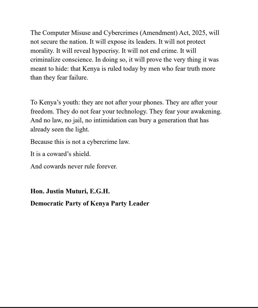 Somebody tell President William Ruto that Kenyans are not fools. Let’s not sugarcoat it. The so-called Computer Misuse and Cybercrimes (Amendment) Act, 2025, is not a law against crime. It is a law against courage. It is the latest weapon in a paranoid regime’s arsenal, crafted