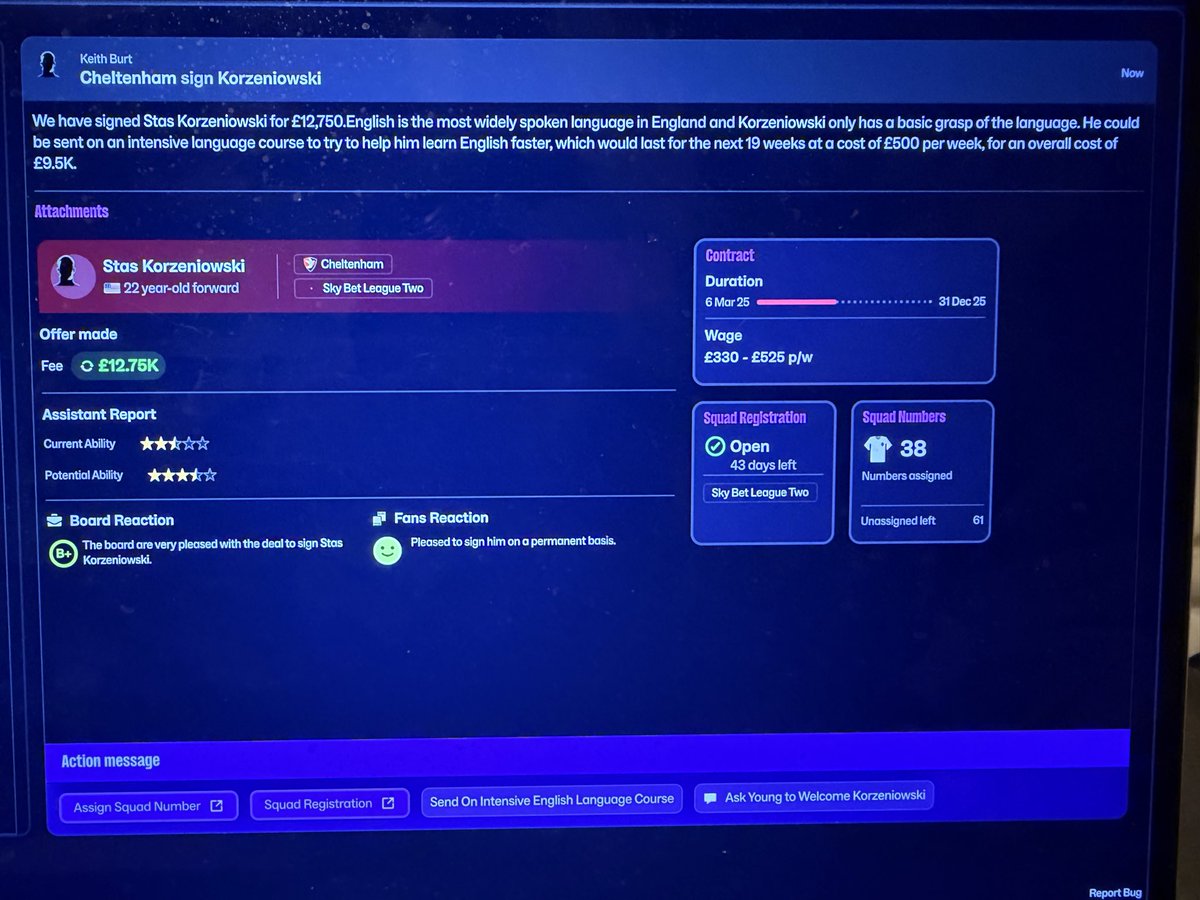andrew_drinks's tweet image. My favourite FM26 bug so far is that when you sign American players for English clubs, you assistant will tell you they only have a basic grasp of English and need to go on a language course #FM26Beta