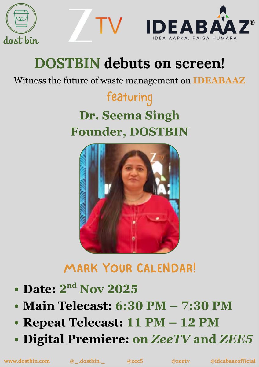 Dostbin4u's tweet image. We&apos;re so excited to announce the debut of @Dostbin4u  ON SCREEN!

Watch us pitch DOSTBIN at @ideabaazofficial only on @zeetv and @zee5

Mark the date! : 2nd Nov 2025 at 6:30 pm

#ideabaaz #zeetv #dostbin #wastemanagement #mumbai #bangalore