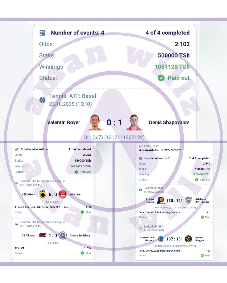 REPORT YANGU YA JANA 🏀⚾️⚽️🎱

Tennis 🎾 Odds 2
🪝 1,000,000 ✅

Football ⚽️ Odds 2
 🪝 1,400,000 ✅️

Basketball 🏀 Odds 2
  🪝 2,200,000 ✅️

Total 4,600,000  MILLION PAID ☄💸

Leo tena tupo mzigoni bila kupoa kabisa sasa kama bado ujajumuika nasi sogea WHAT'S APP kupitia