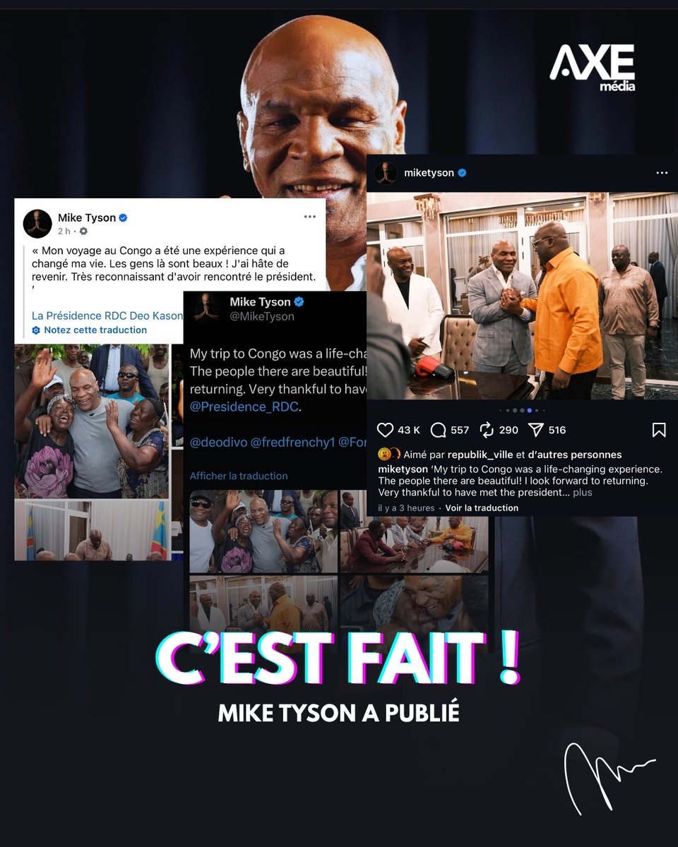 C’est la fête en RDC : Mike Tyson a enfin tweeté sur son séjour à Kinshasa.
« Mon voyage au Congo a été une expérience qui a changé ma vie. Les gens là-bas sont magnifiques ! J’ai hâte de revenir. Très reconnaissant d’avoir rencontré le président », a-t-il écrit sur X, Facebook
