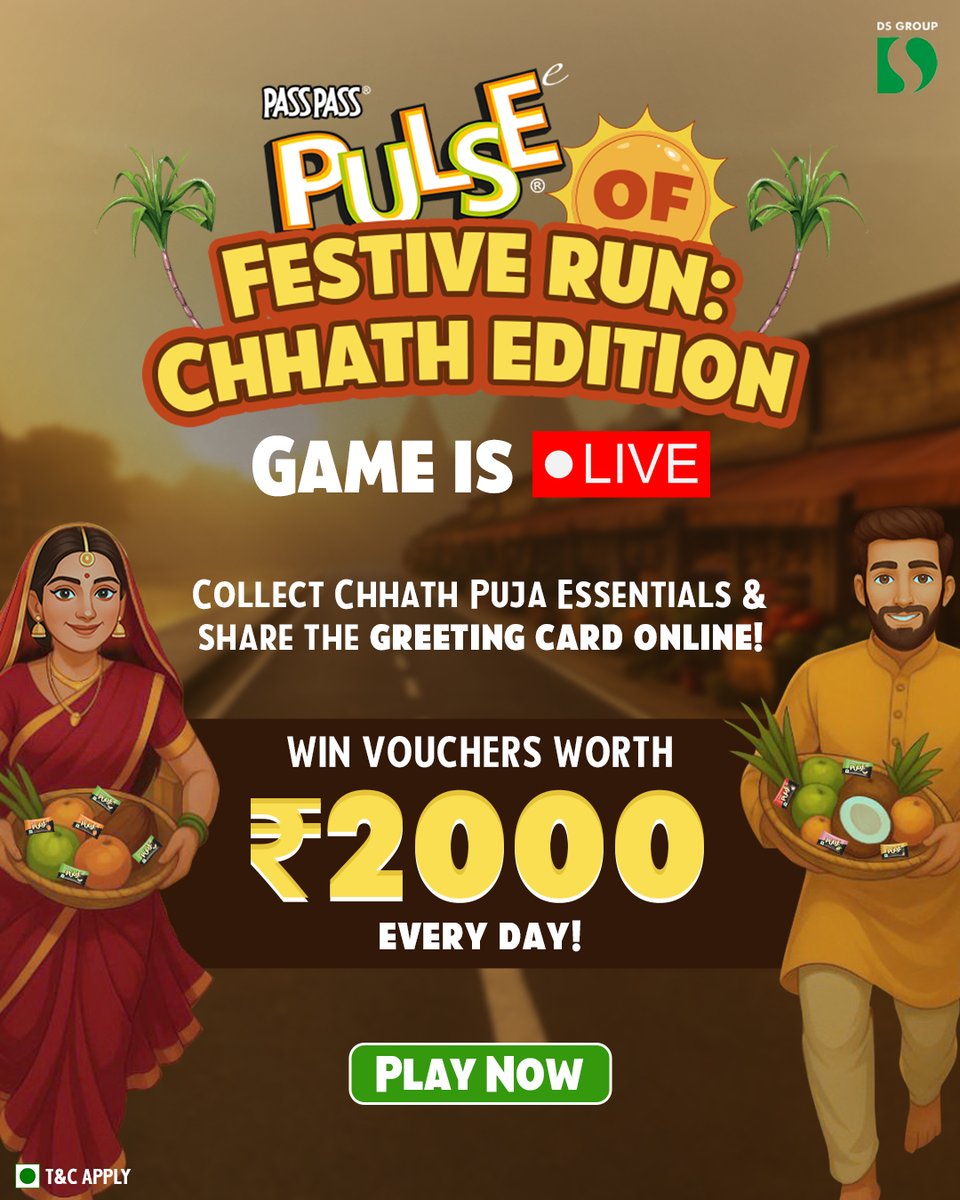 PassPass_Pulse's tweet image. The Pulse of Festive Run: Chhath Edition contest is LIVE!
Play the game from the link in our Insta bio, share the generated greeting card, tag @passpass_pulse, and use #PulseOfFestiveRunChhathEdition.
Win vouchers worth ₹2000/-
*T&C Apply: shorturl.at/tbdTN
#PulseCandy