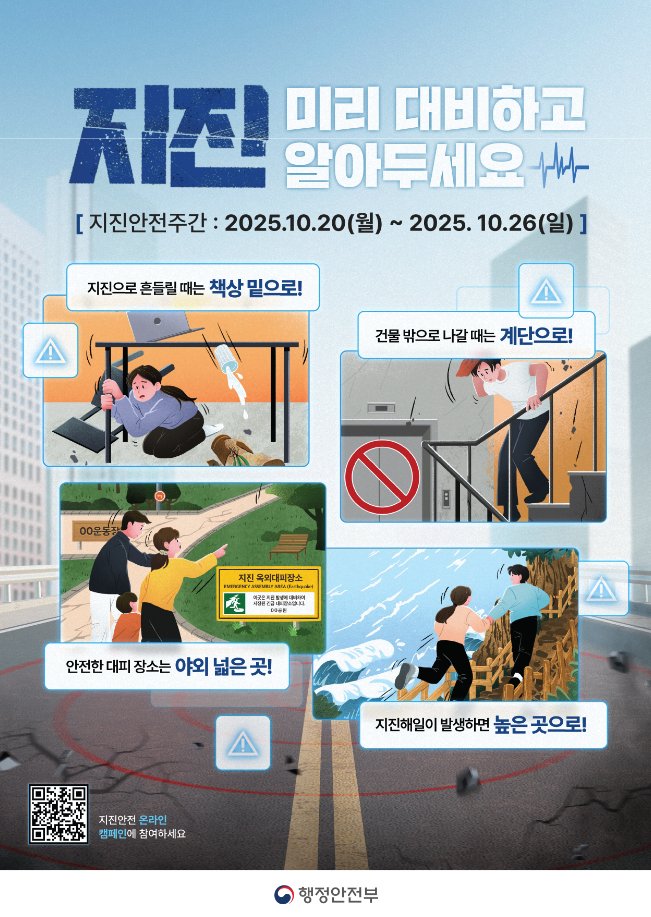 📷 지진, 미리 대비하고 알아두세요!​
✔️ 2025년 지진안전주간 10월 20일(월) ~ 10월 26일(일)
▶️지진안전 누리집: 지진안전.com

#한국건설기술연구원 #건설연 #지진 #지진안전주간 #지진행동요령