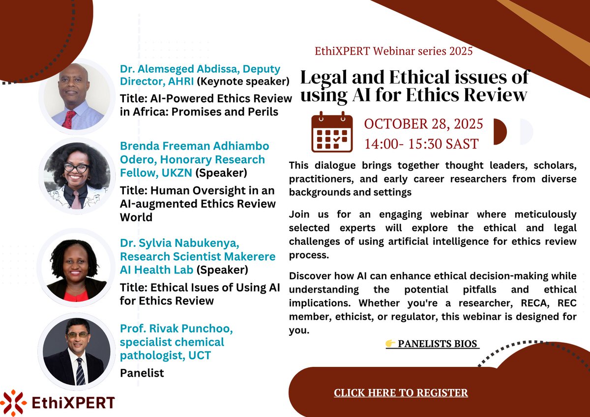 🤖 Artificial Intelligence is transforming research — but can it be used to facilitate ethics review of research? What are the  pitfalls, concerns, guardrails, opportunities?
 Join EthiXPERT’s thought-provoking webinar!!!