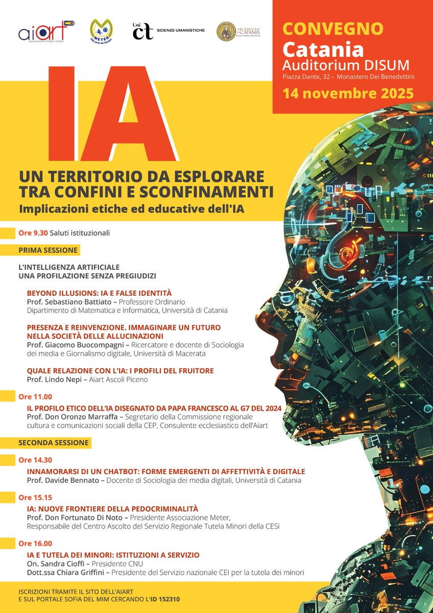 copercom's tweet image. Intelligenza artificiale, implicazioni etiche ed educative
Il 14 novembre a Catania convegno di @AiartOnlus e @meter_onlus in collaborazione con @DiocesiCatania e @unict_it
Per saperne di più: short.do/HiWZZ1
