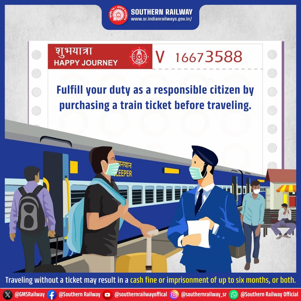 DrmChennai's tweet image. Always travel with a valid ticket or pass! Easily buy your tickets at #ATVM machines or on the #UTSApp.

Avoid fines and hassles - traveling without a ticket can cost you big time!

#TravelSmart #SouthernRailway