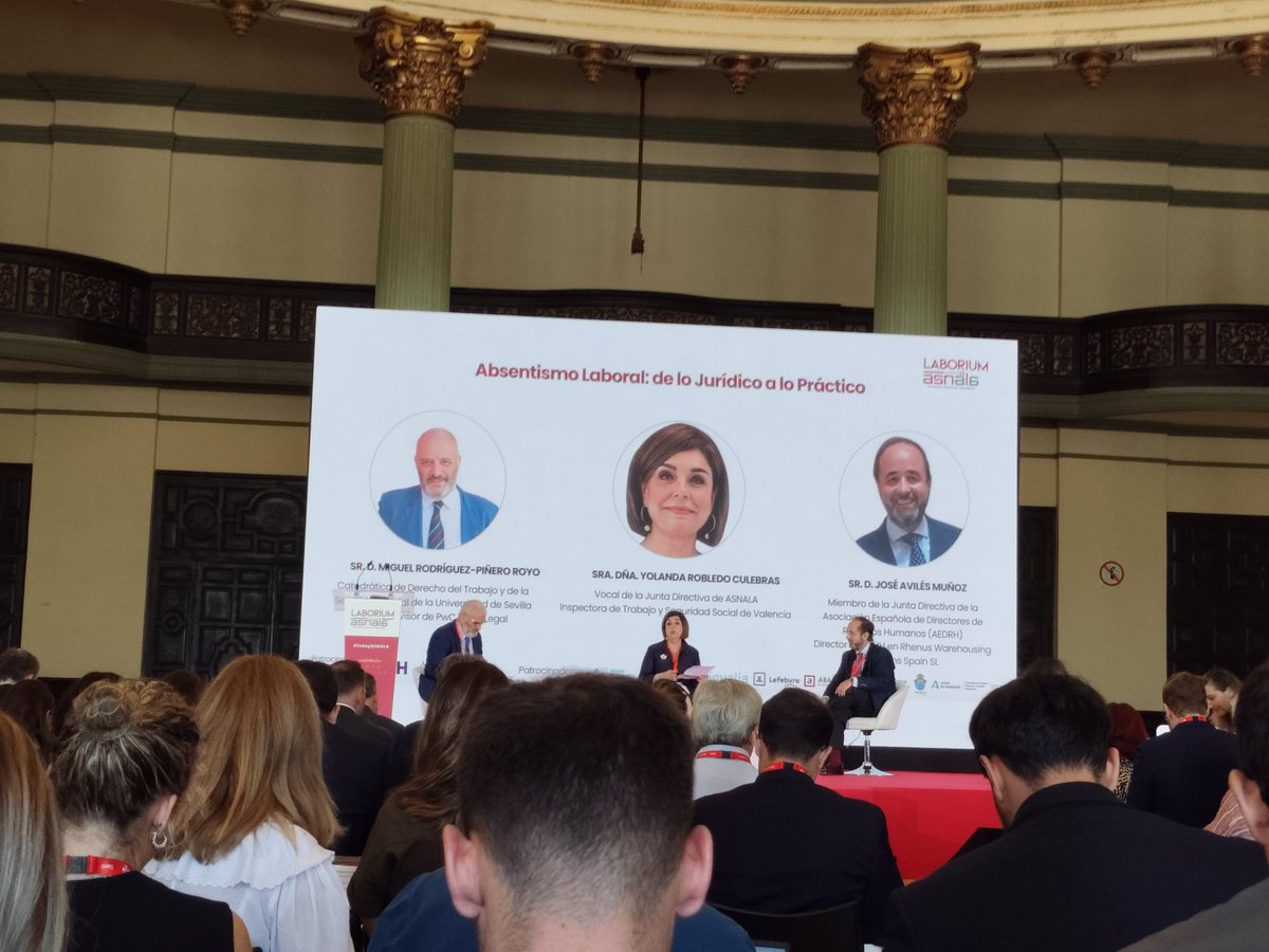 cjgalan's tweet photo. Una cuestión de interés y actualidad: el #absentismo laboral, con Yolanda Robledo (inspectora de trabajo), Miguel Rguez.-Piñero (catedrático US) y José Avilés (@AEDRH).
#Laborium #25CongresoASNALA @ASNALA_ https://t.co/DmMpNNnXFu