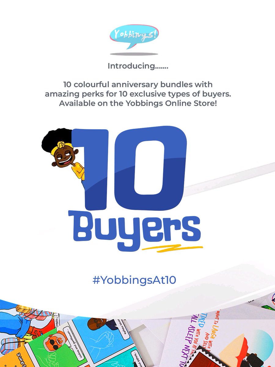 We're thrilled to introduce 10 vibrant bundles tailored for 10 different types of customers!

Whether you're a classics collector, a parent, or a generous card-giver, there's something special for you!

Explore our anniversary collection now
yobbingsgh.myshopify.com/collections/al…
#YobbingsAt10
