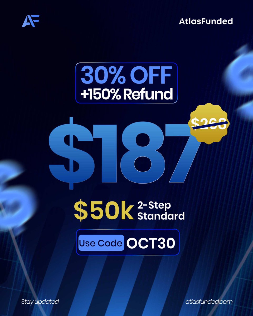 Atlas Funded is turning up the heat this October! 🔥  

30% OFF + 150% Refund Guarantee  🎯

Get the $50k 2-Step Standard for just $187 (was $268)  

Apply code OCT30 at checkout!  

⏳ Offer ends in a few days ➡️ checkout.atlasfunded.com/ref/1931