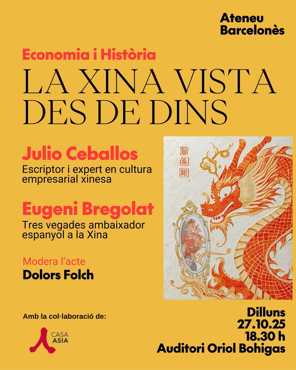 📚 El proper dilluns l'Ateneu Barcelonès acull la presentació de "La Xina vista des de dins", el nou llibre de Julio Ceballos.

👥 Amb la participació d’Eugeni Bregolat, exambaixador a la Xina, i <a href="/folchdolors/">Dolors Folch</a>, sinòloga i Premi Casa Àsia.

🌏 En un món globalitzat, entendre la