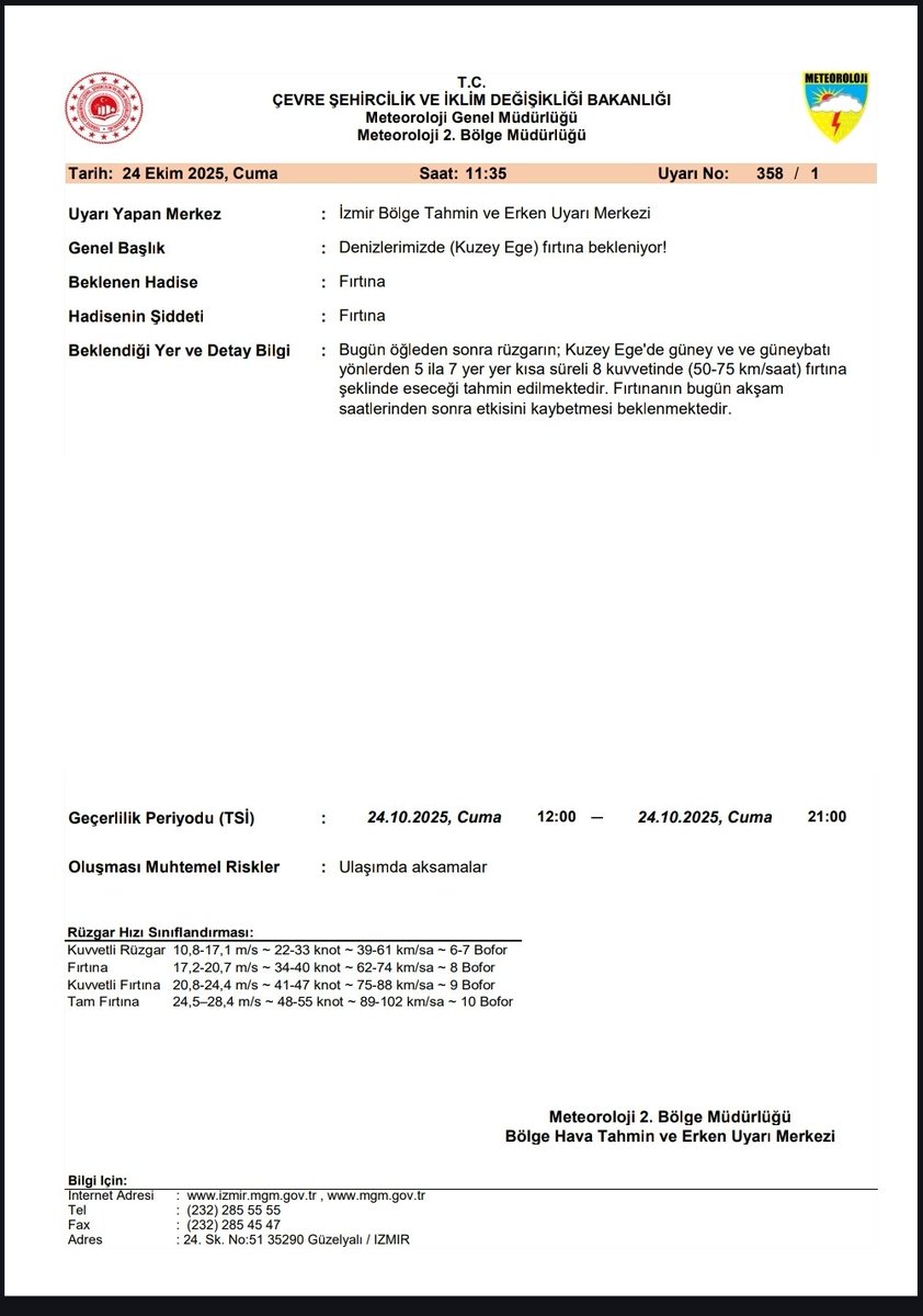 📣📣 Meteorolojik Uyarı
*Bugün* öğle saatlerinden sonra *Kuzey Ege Denizinde beklenen fırtınaya* ilişkin yayımlanmış olan meteorolojik uyarıdır. *(Geçerlilik Periyodu: 24.10.2025 12.00 - 24.10.2025 21.00 TSİ)*