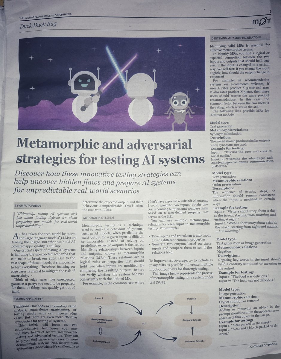 iadityasaxena's tweet image. Just read The Testing Planet – Oct Edition by @ministryoftest, thanks @parwalrahul for introducing me
The GenAI in QA article stood out, showing how AI is transforming test design, defect prediction & automation.
#SoftwareTesting #GenAI #TestingCommunity #MinistryOfTesting #ai