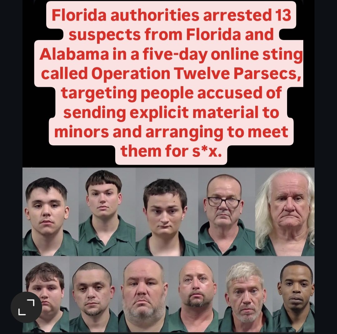 lindannanna's tweet image. 13 arrested in Florida–Alabama sting — FDLE’s Operation Twelve Parsecs caught suspects aged 18–70 accused of sending explicit material to minors and arranging to meet them for sex.

📌 FDLE | FOX10 | NorthEscambia
#CriminalLibrary #Florida #Alabama #ChildPredators #TrueCrime