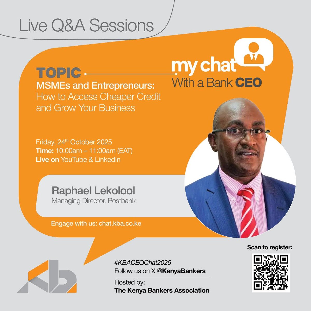 StandardKenya's tweet photo. Coming up in 15 minutes on #CEOChat

Learn what affects loan interest rates for small businesses, how entrepreneurs can negotiate better financing, and the new credit solutions banks are offering.

Raphael Lekolool, Managing Director at Postbank Kenya, will be live from 10:00 AM – 11:00 AM to answer your questions.

Watch live: https://t.co/L0rbY3Ge3F

#CEOChat #Ad