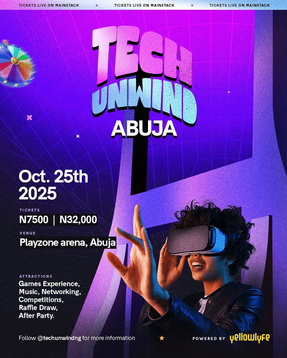 only__kingston's tweet image. Wassup #AbujaTwitterCommunity !
I bring yall the biggest tech party in Abuja, happening this Saturday.
Come see Techies party, play, connect.
🎟️ N7,500 | VIP: N32,000
Playzone Arena, Abuja | Oct. 25 | 3 PM
Get your tickets via;
unwindfest.com/tech-ng
@TechUnwindNG
