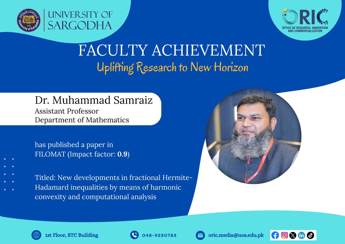 OricUos's tweet image. ORIC-UOS Congratulates, Dr. Shahid Mahmood, Assistant Professor, Malik Firoz Khan Noon Business School, UoS, on the publication of Research Paper with impact Factor: 3.6. Wishing you great success in your future endeavors.
#uosoric #researchdevelopment #communicationskills