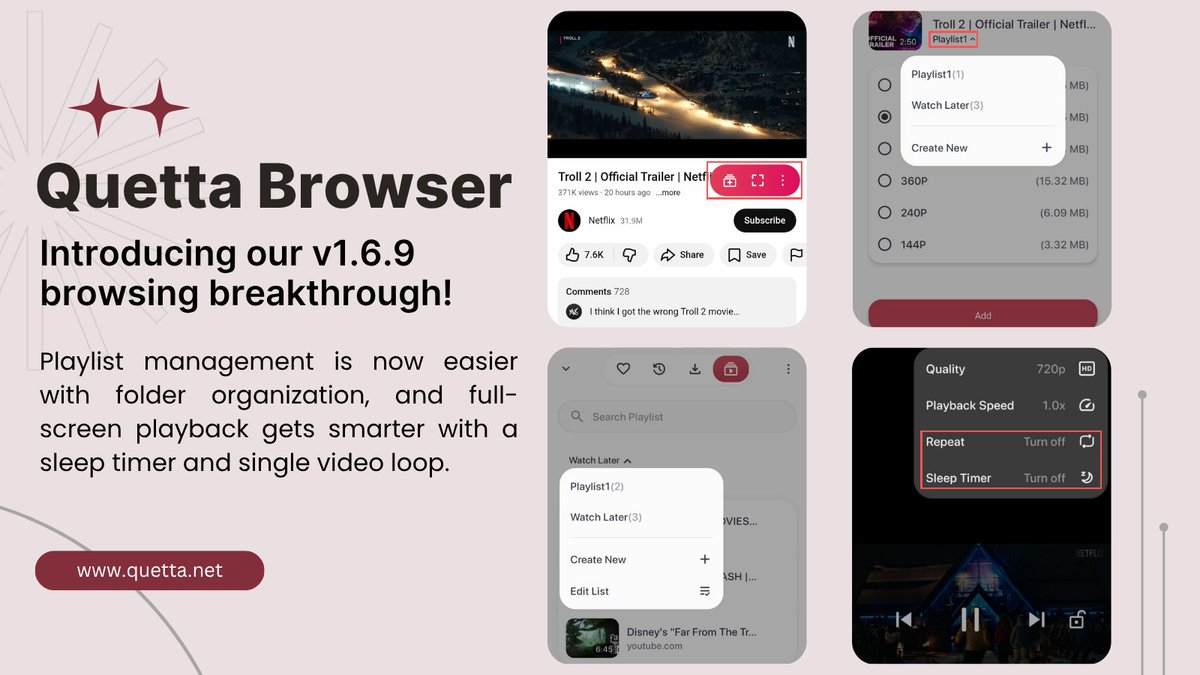 QuettaBrowser's tweet image. Quetta Browser v1.6.9 is here!

🎵 Playlist Upgrade: Organize your files effortlessly with new folder support.
📺 Full-Screen Playback: Enjoy a sleep timer, single video loop, and smoother viewing with multiple optimizations.

Update now and browse like never before! ✨